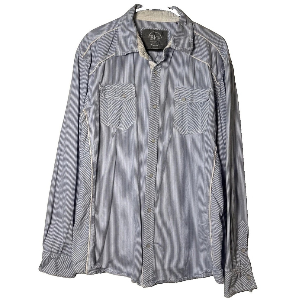 BKE Mens XL Western Shirt Blue Stripe Pearl Snap Athletic Fit 100% Cotton India